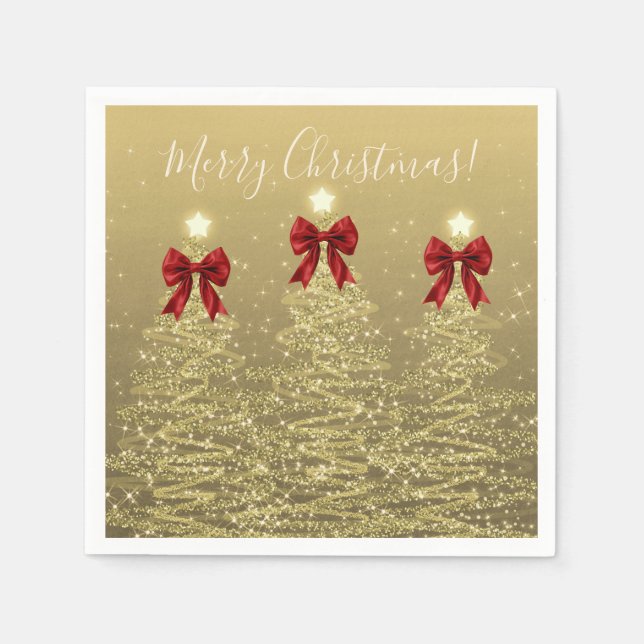 Festive Holiday Gold Christmas Trees w/ Red Bows Napkins (Front)