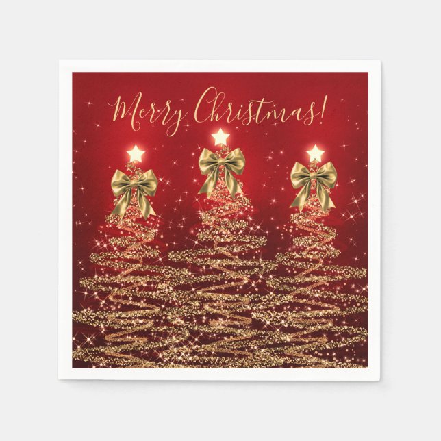 Festive Holiday Gold Red Christmas Trees w/ Bows Napkins (Front)