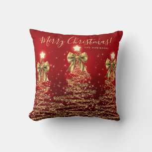 Festive Holiday Gold Red Christmas Trees w/ Name Throw Pillow