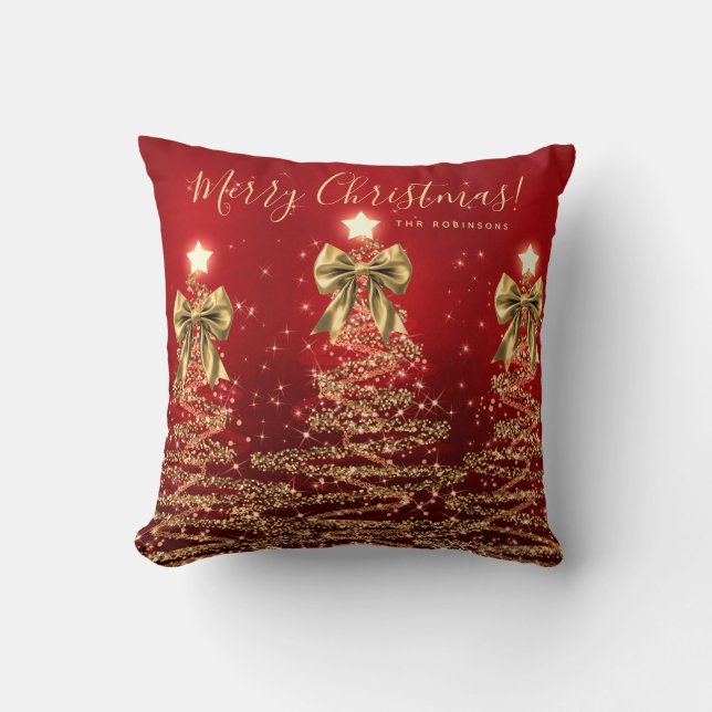 Festive Holiday Gold Red Christmas Trees w/ Name Throw Pillow (Front)