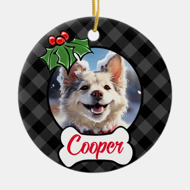 Festive holiday gray Plaid Holly berries leaves Ceramic Ornament (Front)