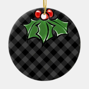 Festive holiday gray Plaid Holly berries leaves Ceramic Ornament