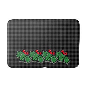 Festive Holiday Gray Plaid with Holly Sprigs Bath Mat