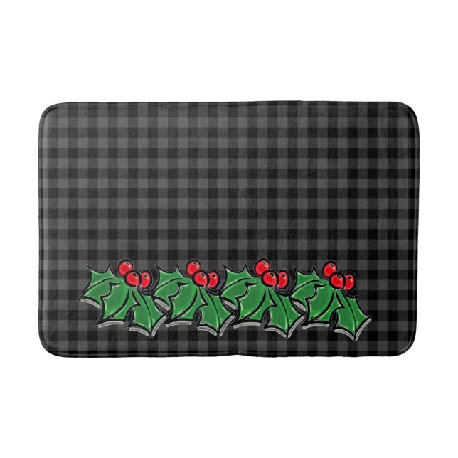 Festive Holiday Gray Plaid with Holly Sprigs Bath Mat (Front)
