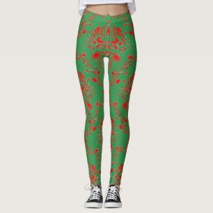 Festive Holiday Green and Red Damask Leggings