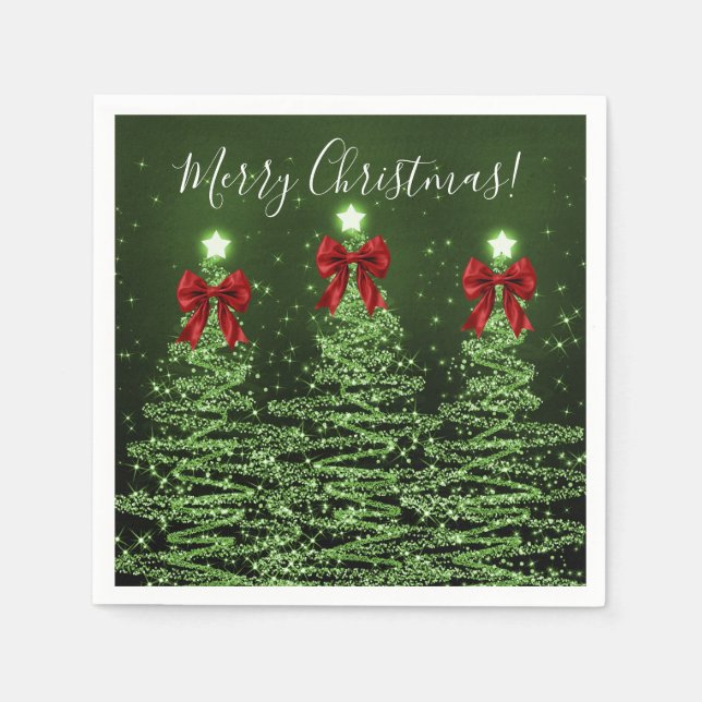 Festive Holiday Green Christmas Trees Red Bows Napkins (Front)