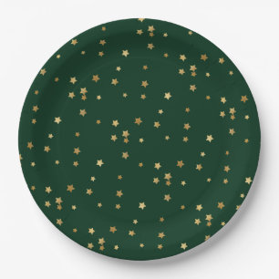 Festive Holiday Green & Glittery Gold Stars Paper Plates