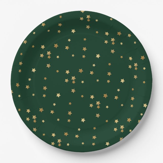 Festive Holiday Green & Glittery Gold Stars Paper Plates (Front)