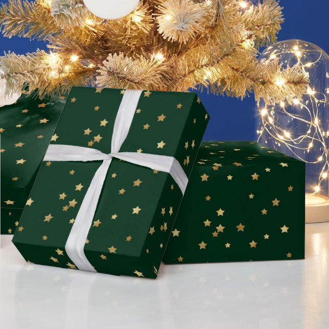 Festive Holiday Green & Glittery Gold Stars Wrapping Paper (Holidays)