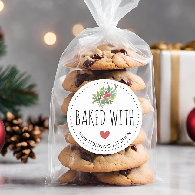 Festive Holiday Greenery Baked With Love  Classic Round Sticker (Festive Holiday Greenery Baked With Love Classic Round Sticker)