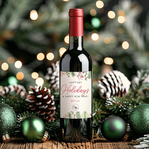 Festive Holiday Greenery Business Add Your Logo Wine Label
