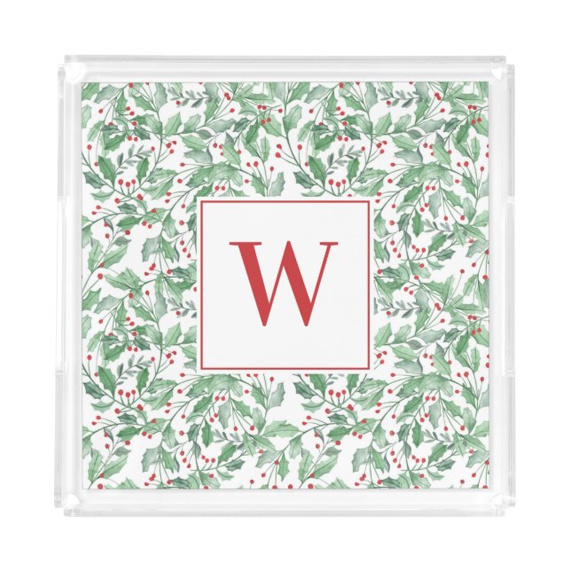 Festive Holiday Greenery Personalized Christmas Acrylic Tray (Front)