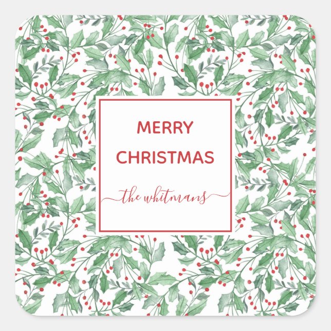 Festive Holiday Greenery Personalized Christmas Square Sticker (Front)