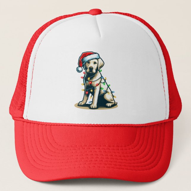 Festive Holiday Labrador Dog with Christmas Light Trucker Hat (Front)