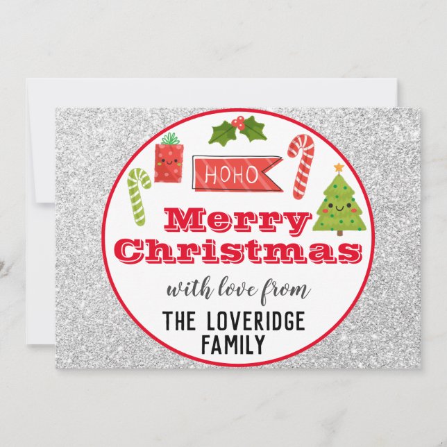 Festive Holiday Merry Christmas Red Silver Glitter Card (Front)
