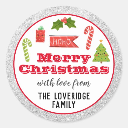 Festive Holiday Merry Christmas Red Silver Glitter Classic Round Sticker
