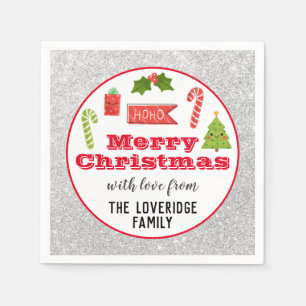 Festive Holiday Merry Christmas Red Silver Glitter Napkins