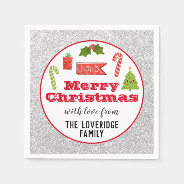 Festive Holiday Merry Christmas Red Silver Glitter Napkins (Front)