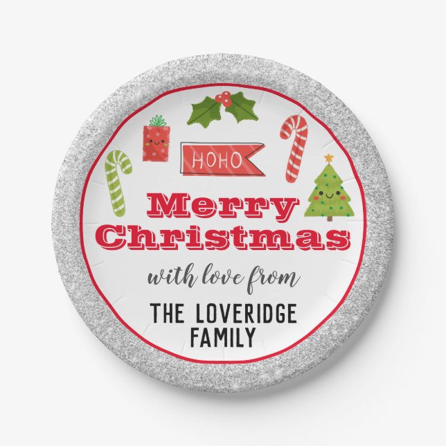 Festive Holiday Merry Christmas Red Silver Glitter Paper Plates (Front)