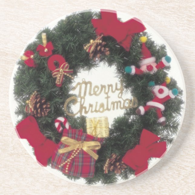 Festive Holiday Merry Christmas Wreath Coaster (Front)