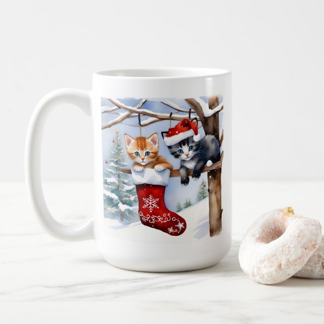 Festive Holiday Mug with Cats in Stocking and Tree (With Donut)