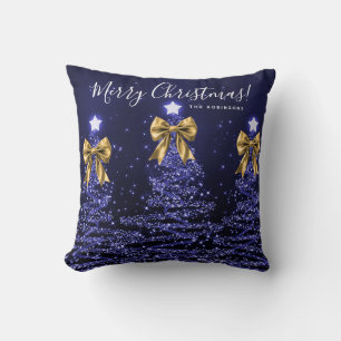 Festive Holiday Navy Christmas Trees Name Gold Throw Pillow