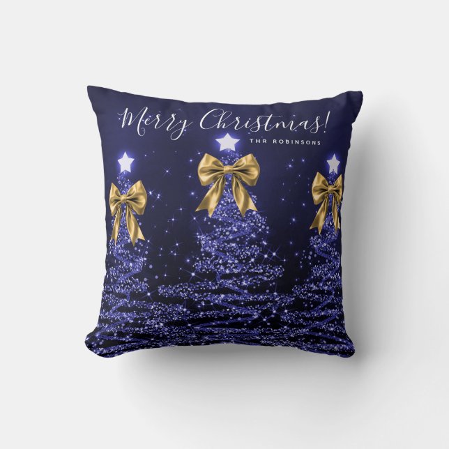 Festive Holiday Navy Christmas Trees Name Gold  Throw Pillow (Front)