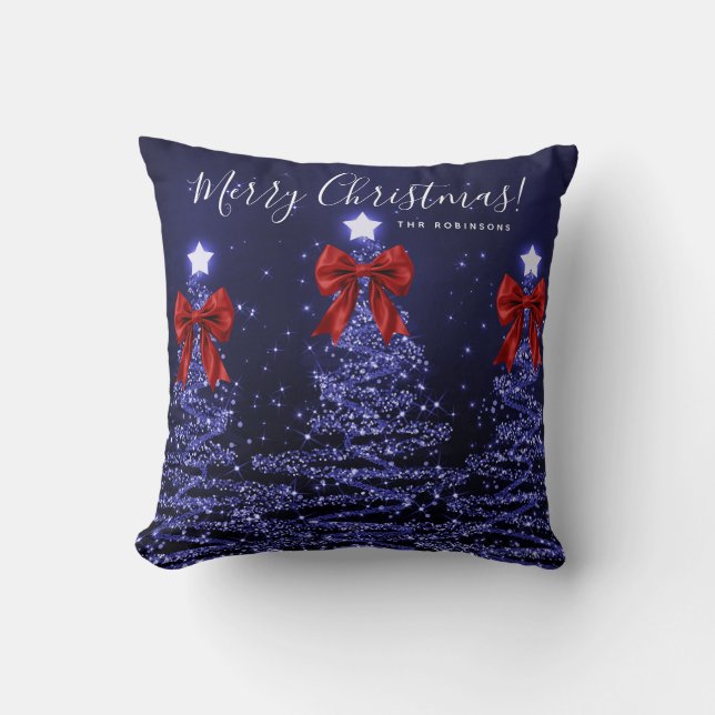Festive Holiday Navy Christmas Trees Name Red  Throw Pillow (Front)