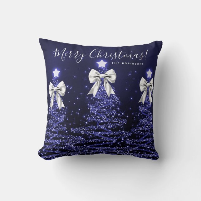 Festive Holiday Navy Christmas Trees Name Silver Throw Pillow (Front)