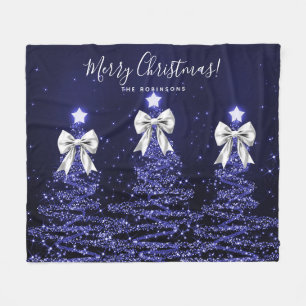 Festive Holiday Navy Christmas Trees Silver Bows Fleece Blanket