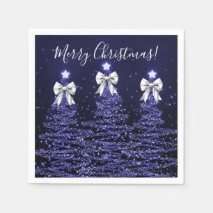 Festive Holiday Navy Christmas Trees Silver Bows Napkins