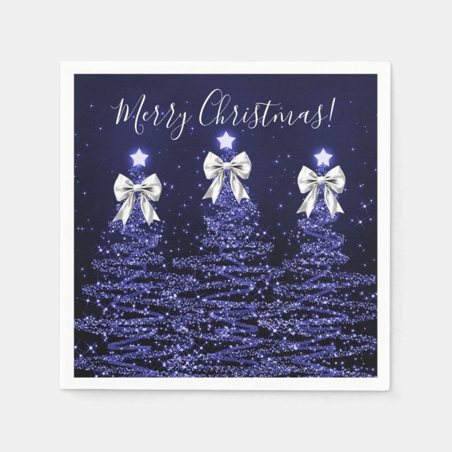 Festive Holiday Navy Christmas Trees Silver Bows Napkins (Front)