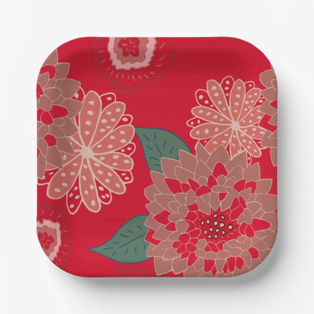 Festive holiday paper plates floral burst red  (Front)