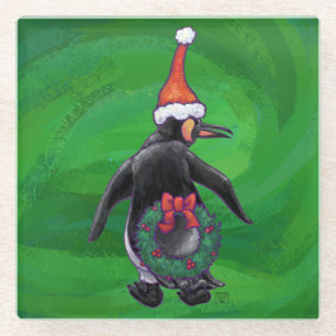 Festive Holiday Penguin on Green Glass Coaster