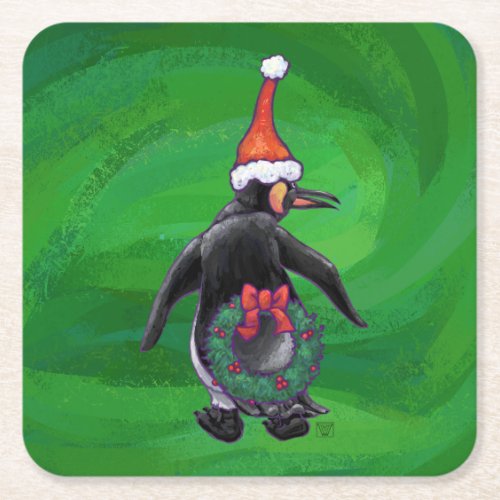 Festive Holiday Penguin on Green Square Paper Coaster