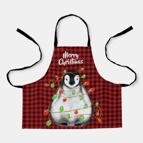 Festive Holiday Penguin twinkle lights red plaid Apron