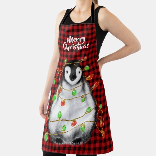 Festive Holiday Penguin twinkle lights red plaid Apron