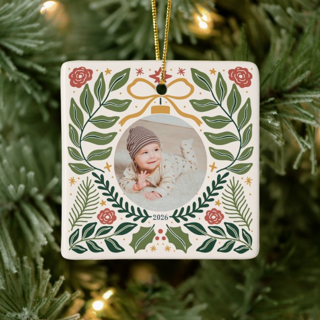 Festive Holiday Photo Ceramic Ornament (Tree)