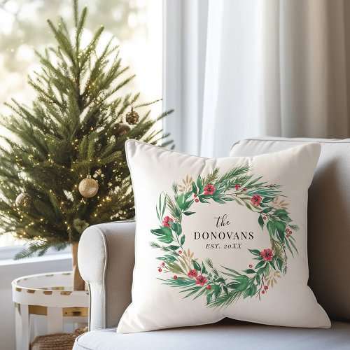 Festive Holiday Pine Wreath with Family Name Throw Pillow