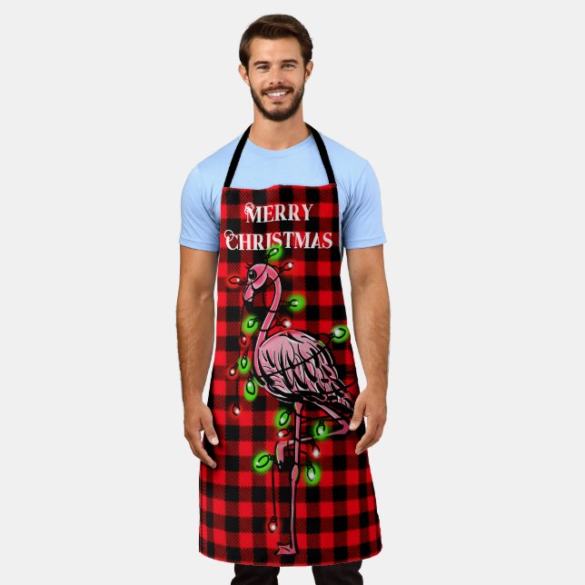 Festive holiday pink flamingo, red green twinkle   apron (Worn)