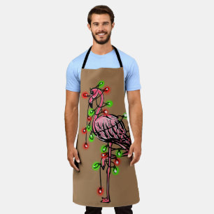 Festive holiday pink flamingo, red green twinkle apron