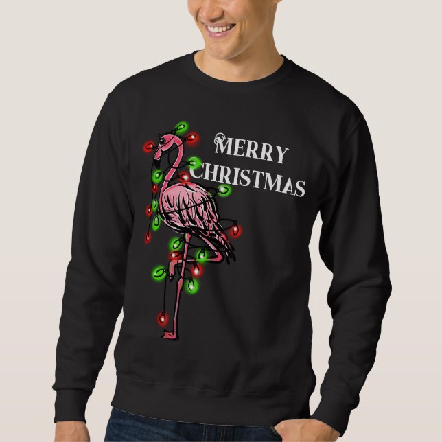 Festive holiday pink flamingo, red green twinkle  sweatshirt (Front)