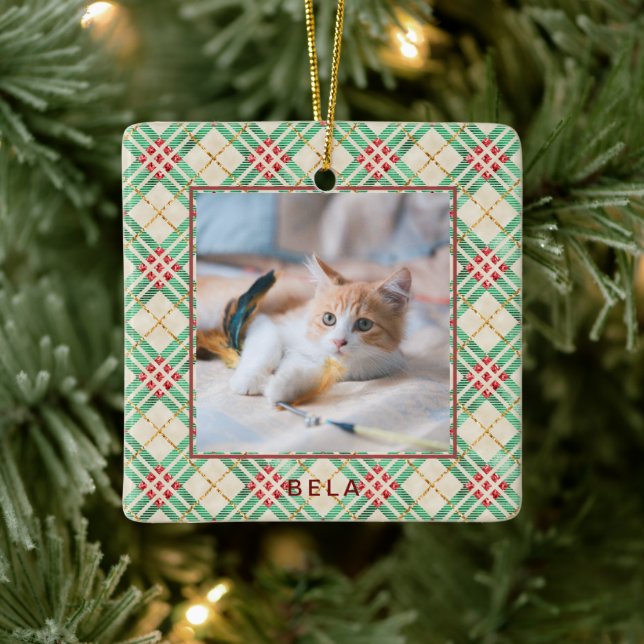 Festive Holiday Plaid Pet Name Christmas Ceramic Ornament (Tree)