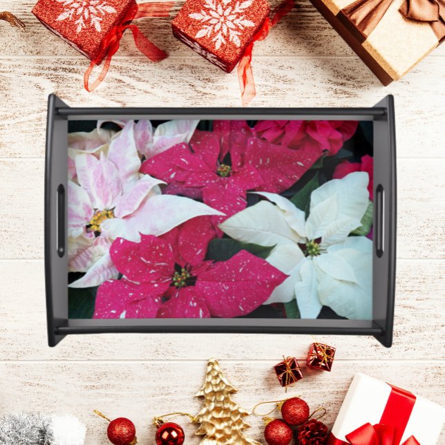 Festive Holiday Poinsettia Plants Floral Serving Tray (top view on table with holiday decorations)