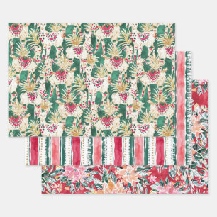 FESTIVE HOLIDAY Poinsettia Stripe Red Green Wrapping Paper Sheets