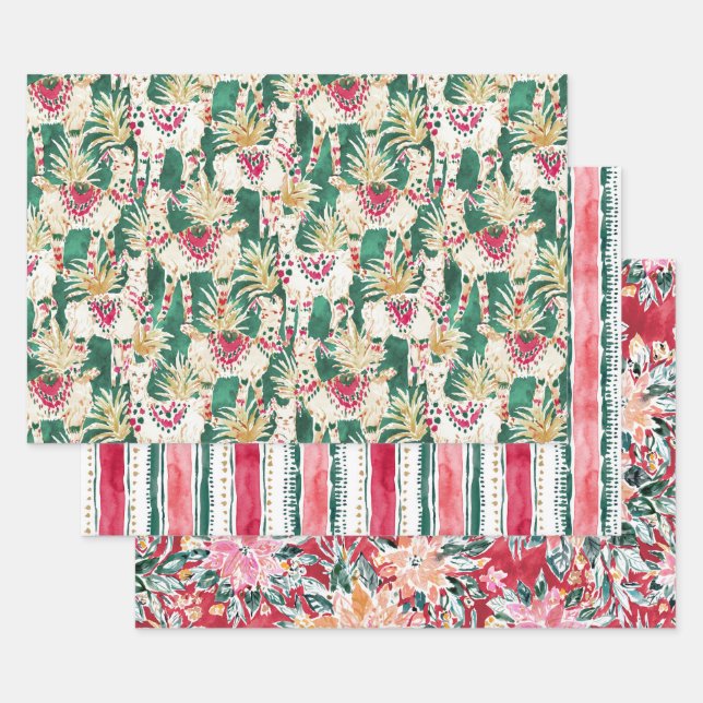 FESTIVE HOLIDAY Poinsettia Stripe Red Green Wrapping Paper Sheets (Set)