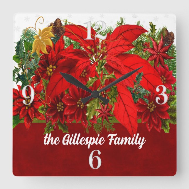 Festive Holiday Poinsettias with White Numbers Square Wall Clock (Front)