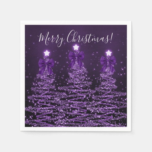 Festive Holiday Purple Christmas Trees Bows Napkins (Front)