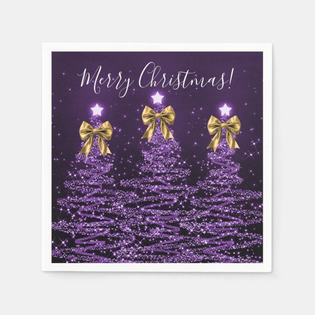Festive Holiday Purple Christmas Trees Gold Bows Napkins (Front)