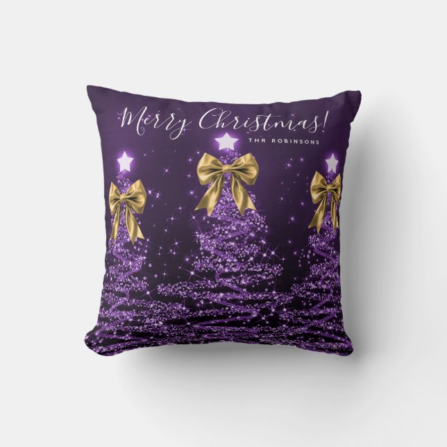 Festive Holiday Purple Christmas Trees Name Gold  Throw Pillow (Front)